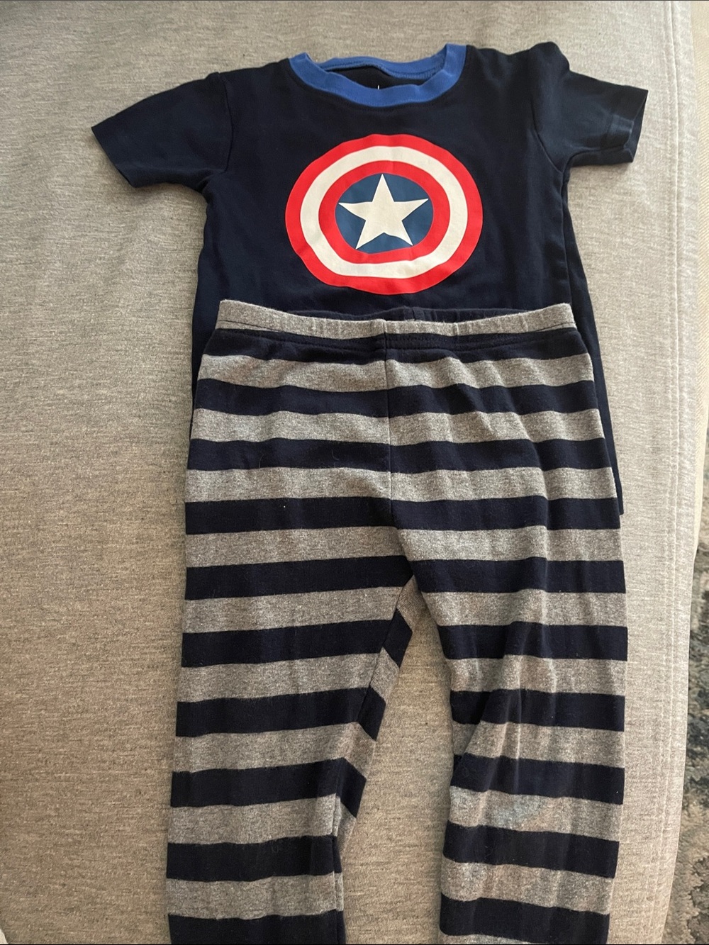 Captain America Shield Tee and Striped PJs Set - Navy, Red, White, Gray like new